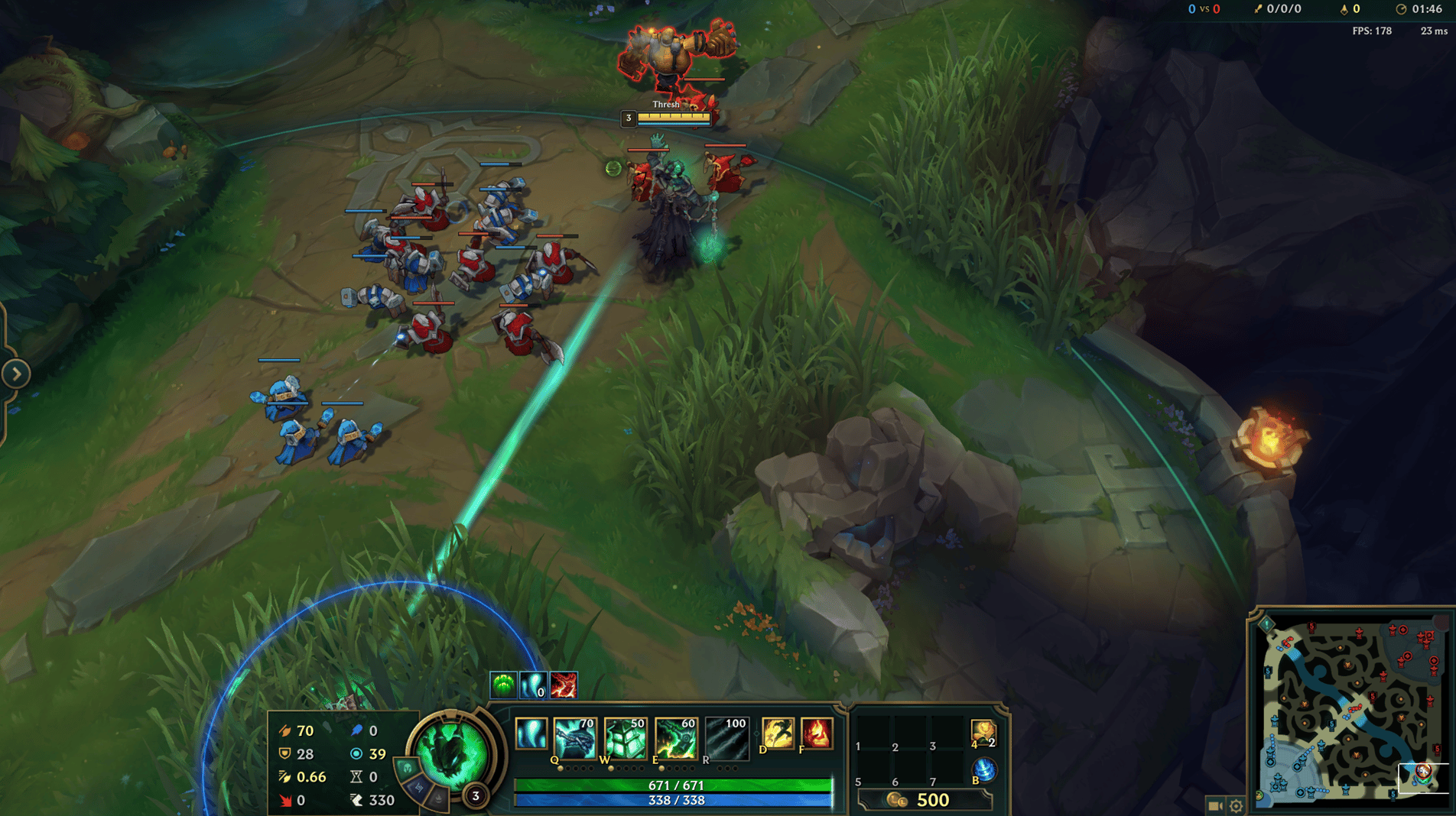 A good trick for Thresh is to use his lantern as bait to confuse enemies and make them think someone else is about to gank from a bush